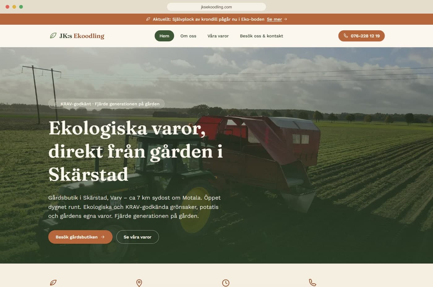 JK:s Ekoodlings hemsida med information om gårdsbutiken och dagens självplock