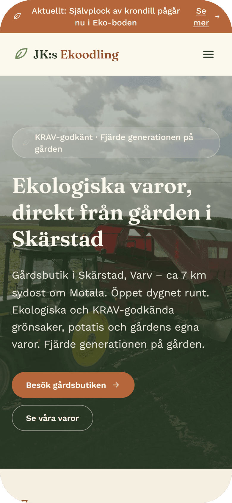 JK:s Ekoodlings hemsida i mobilformat
