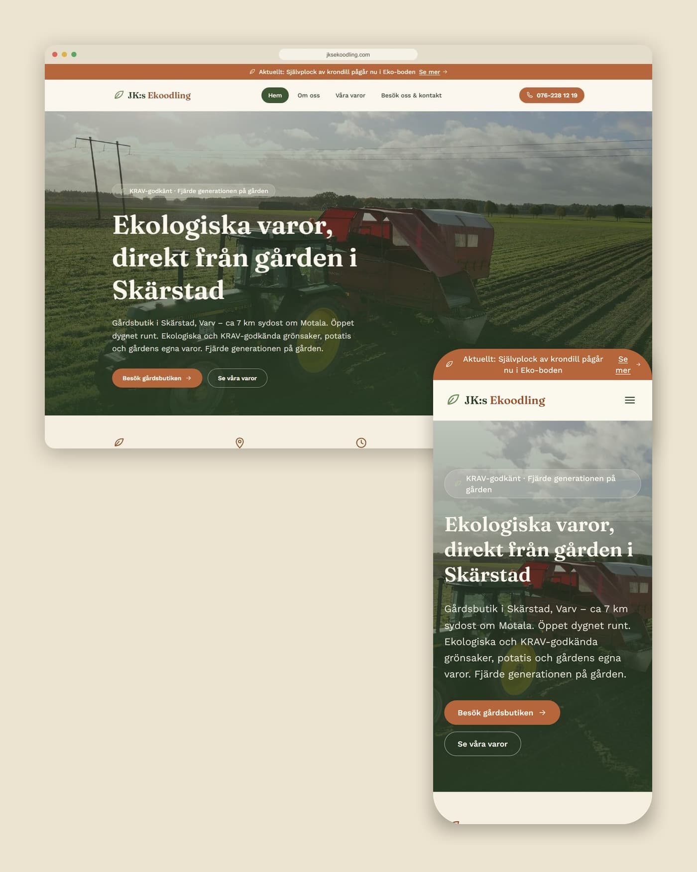 JK:s Ekoodlings hemsida visad på både datorskärm och mobiltelefon