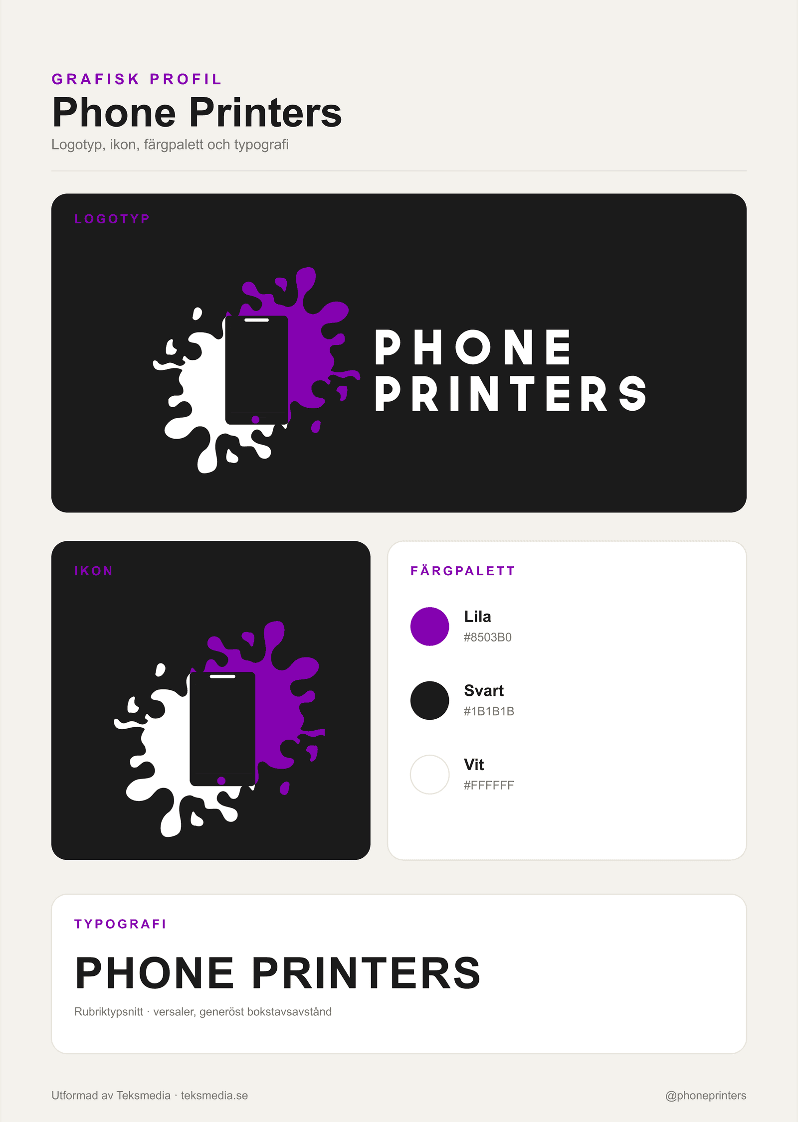 Phone Printers grafiska profil med logotyp, ikon, färgpalett och typografi